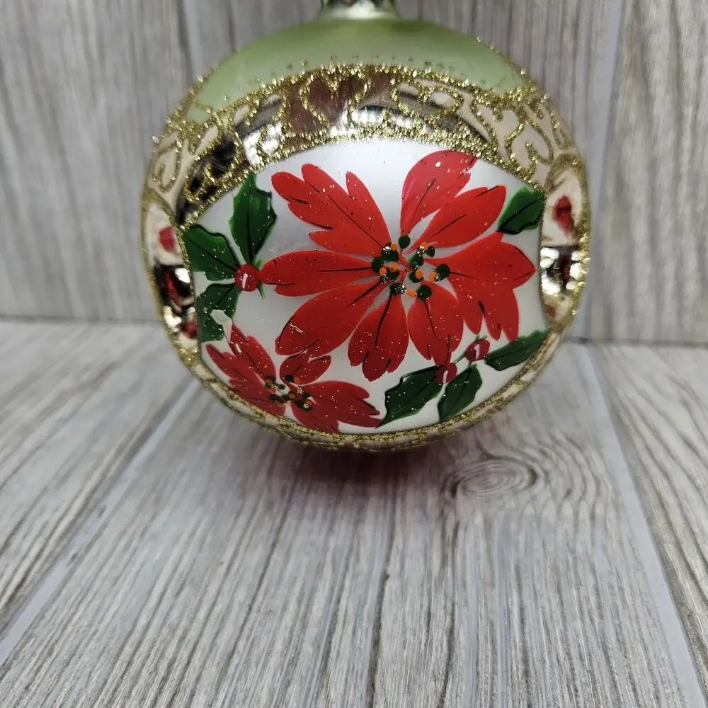 Vintage Hallmark Christmas Ornament Poinsettia Indent Ball Glass Red Gold 4 Inch